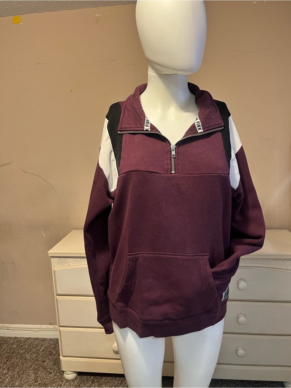 Victoria's Secret Fleece Quarter-Zip Sweater - Plum with Black & White Accents